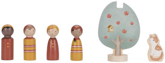 Houten poppetjes in rode en gele kleding, een boom met vogelnestje en een katje.