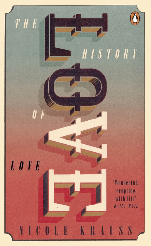 Boekcover 'The History of Love' met 3D-tekst in rood en groen. Geschreven door Nicole Krauss.