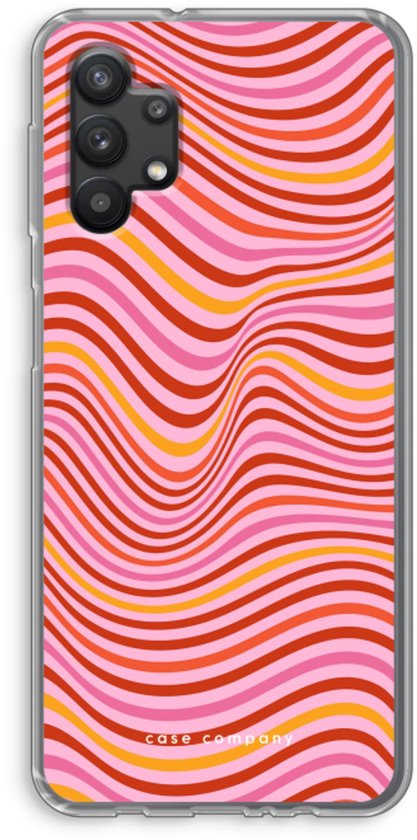 Transparant telefoonhoesje met een roze, oranje en rode golvende lijn print.