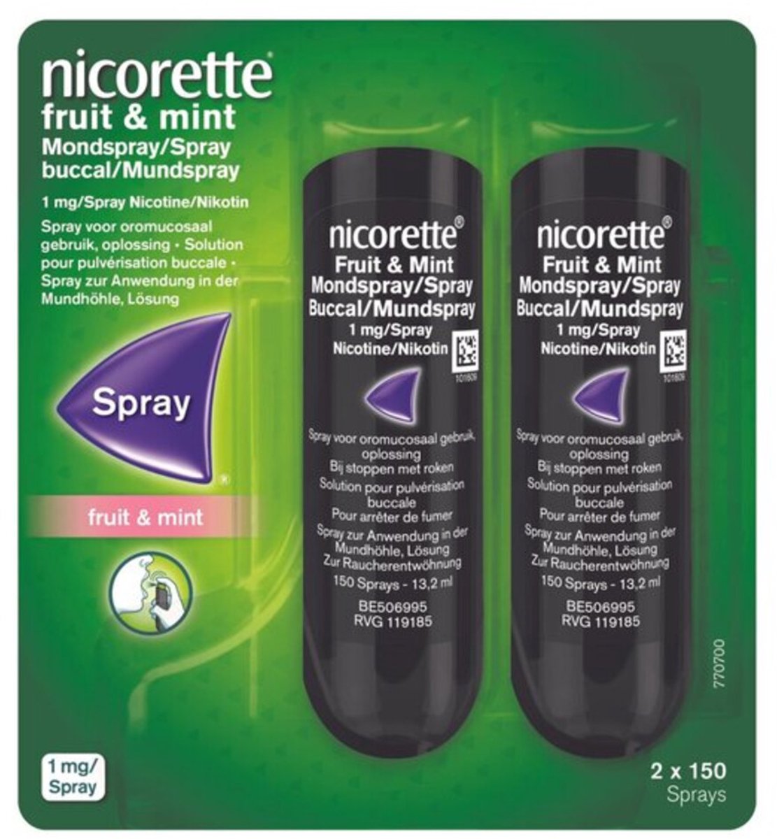Nicorette Mondspray Fruit & Mint 1mg/spray - nicotinevervanger - stoppen met roken - 2 x 13,2 ml (2 x 150 sprays)