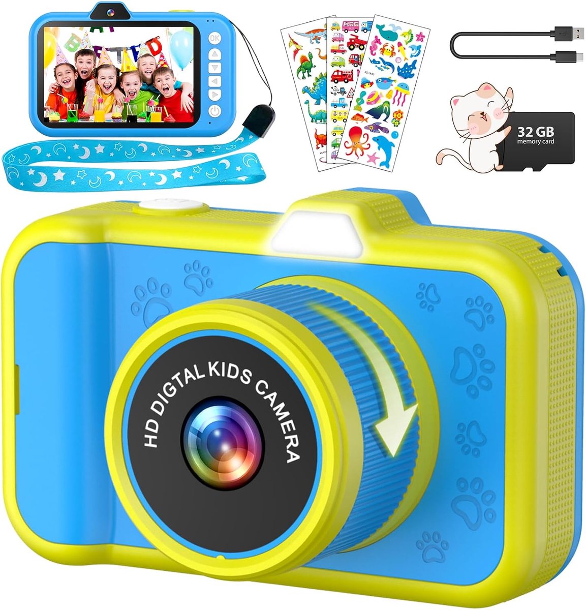 Kindercamera met 3,5 Inch Groot Scherm – 360° Draaibare Zoomlens – LED Flitser – 1080P Digitale Fotocamera – Inclusief 32GB TF Kaart – Speelgoed Fototoestel – Cadeau voor Kinderen