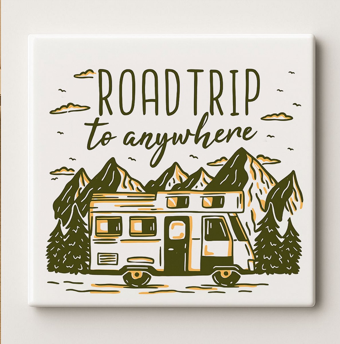 Road Trip to Anywhere Keramische Tegel – 15x15cm Avontuurlijke Reis Wanddecoratie voor Camper, Vanlife & Natuurliefhebbers