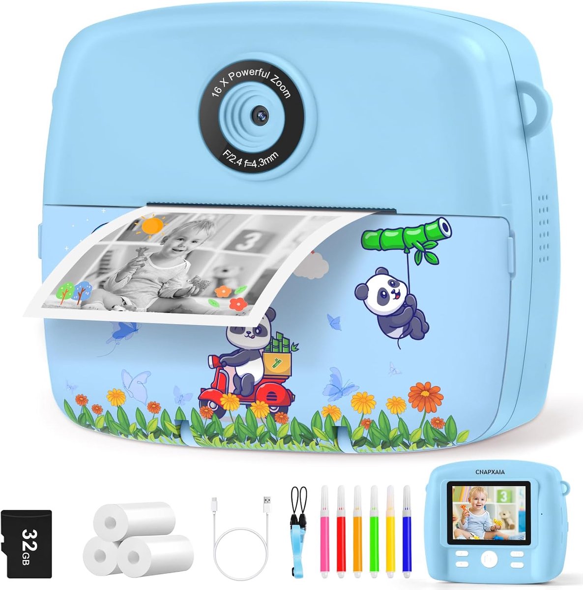 Instant Camera voor Kinderen - Digitale Fotocamera 1080p HD - Inclusief 32GB Kaart en 3 Rollen Printpapier - Blauw - Ideaal Cadeau voor Jongens en Meisjes 3-12 Jaar - Feestelijke Printcamera