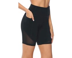 POWERMESH Stijlvolle Pocket Short - Dames - Ademend - Mesh Panelen - Breathable - Activewear - Shorts - Met Telefoon Zak - High-Waist - Korte Broek - Fitness - Zwart - Maat M
