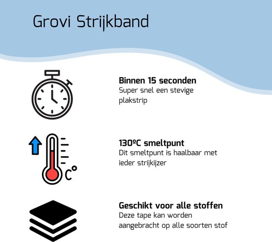 Illustraties van: stopwatch, thermometer tot 130°C en gestapelde stoffen. Grovi strijkband smelt snel en is voor alle stoffen.