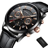 Horloge Mannen Quartz Watch Men "Casual Leather" Heren Mode – Echt Leer Polsband - Waterafstotend - Cadeau Giftbox - Zwart Rose