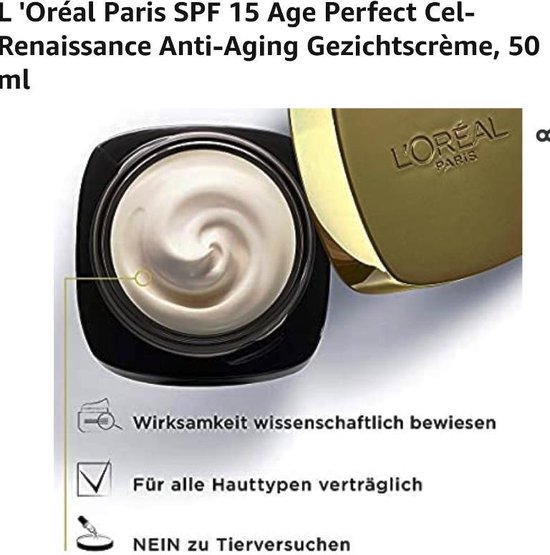 Een open pot Age Perfect Cell Renaissance gezichtscrème met een gouden deksel. De crème is romig en licht van kleur. Naast de pot staan iconen en tekst.