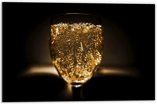 Dibond - Gouden Bubbels in Glas - 60x40cm Foto op Aluminium (Wanddecoratie van metaal)