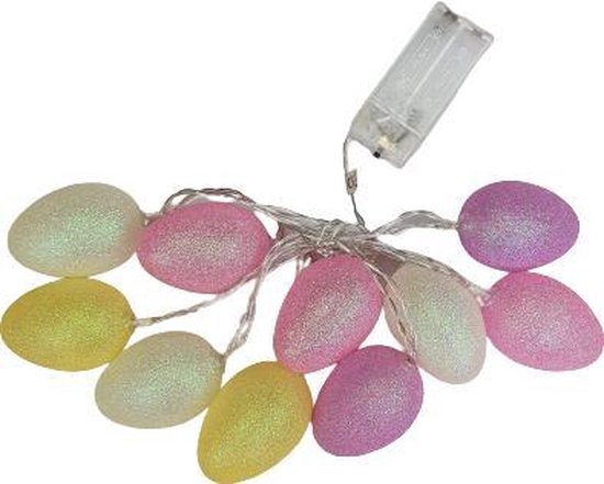 Idena 30132 Led-lichtsnoer voor Pasen, met 10 leds in warm wit, pastelkleurige paaseieren, 6 uur timerfunctie, werkt op batterijen, ca. 1,65 m lang, decoratie voor binnen, paasdecoratie