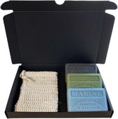 Soap bar cadeauset - zeep savon de marseille Opium, Huile d'olive, Marine 3x125 gr. + zeepzakje, vaderdag