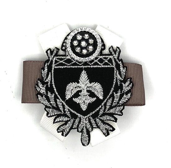 Broche Zwart avec emblème de Argent sur ruban Wit et beige 8,5 x 7,2 cm