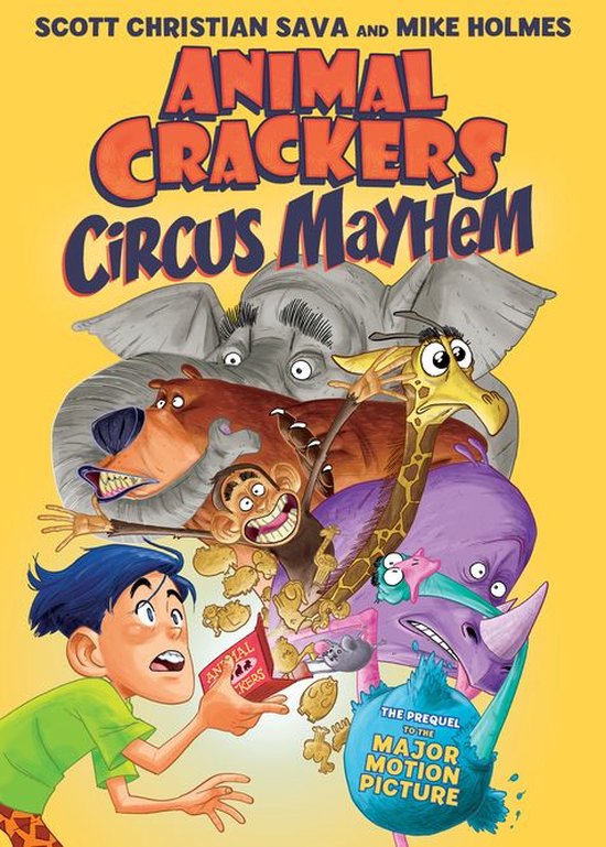 Boekcover van 'Animal Crackers Circus Mayhem' met dieren en jongen