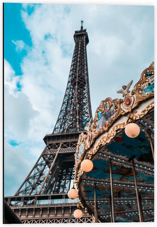 Dibond - Draaimolen bij de Eiffeltoren - 40x60cm Foto op Aluminium (Wanddecoratie van metaal)