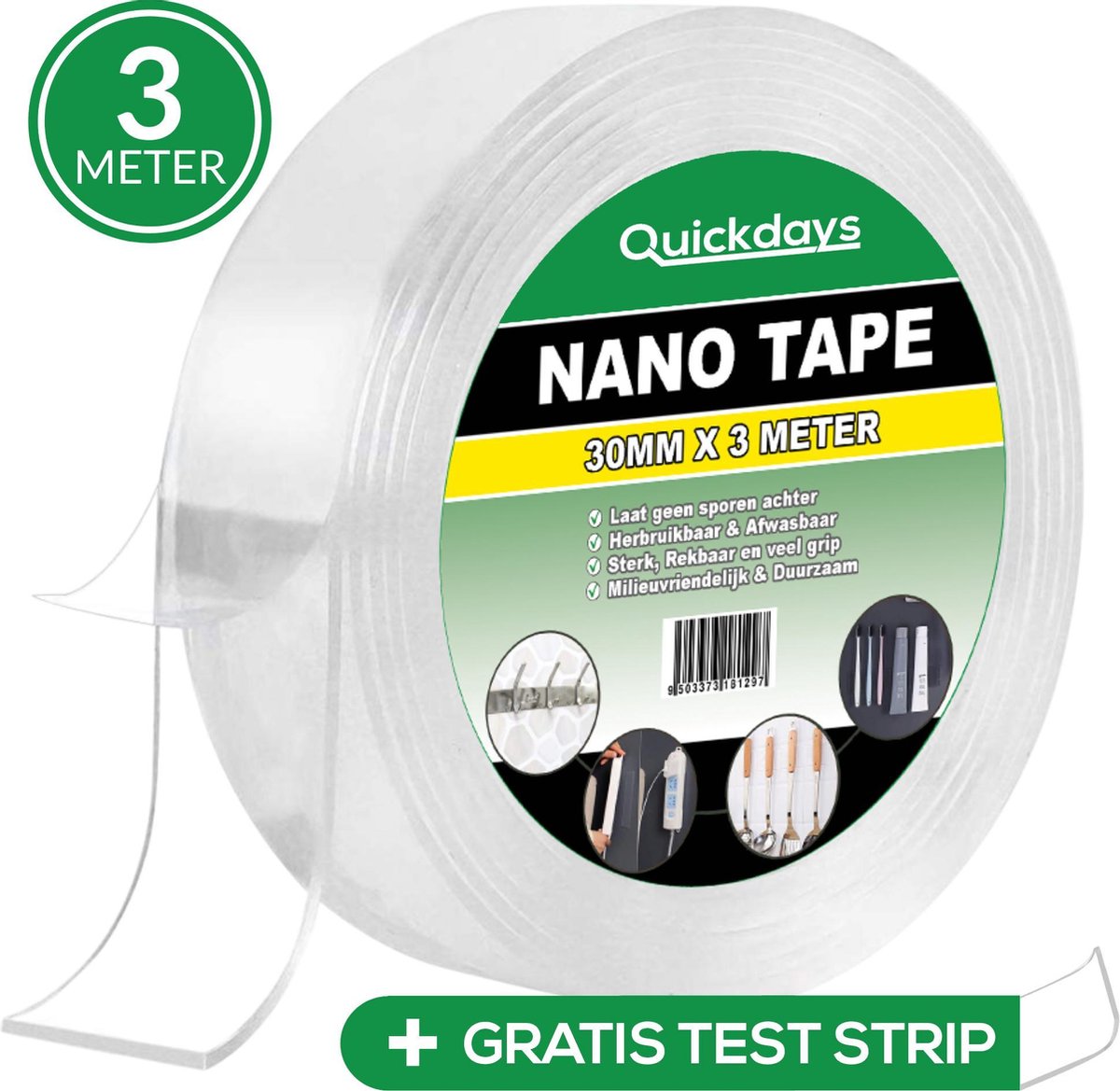 QuickDays® Dubbelzijdig Nano Tape Met Test Strip – Herbruikbaar en Waterproof – 3 Meter - Plakband - Extra Sterk - QuickDays