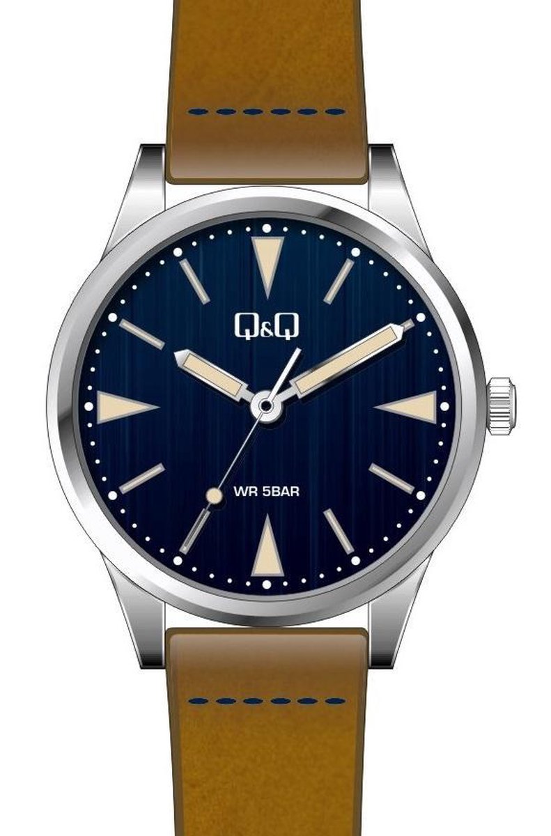 QQ heren horloge met bruine band en blauwe wijzerplaat QB90J322