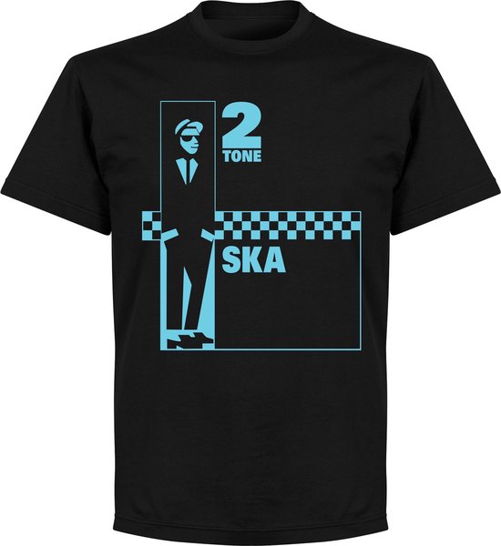 Zwart t-shirt met lichtblauwe '2 Tone Ska'-print en gestileerd figuur met ruitpatroon.