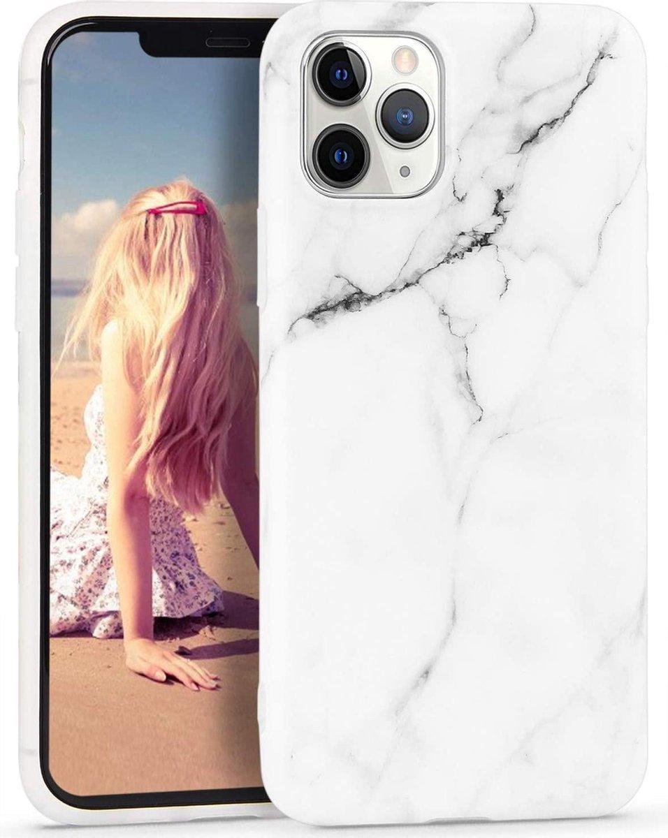 Geschikt voor Apple iPhone 12 Pro hoesje - Wit / Zwart - Marmer - Soft TPU