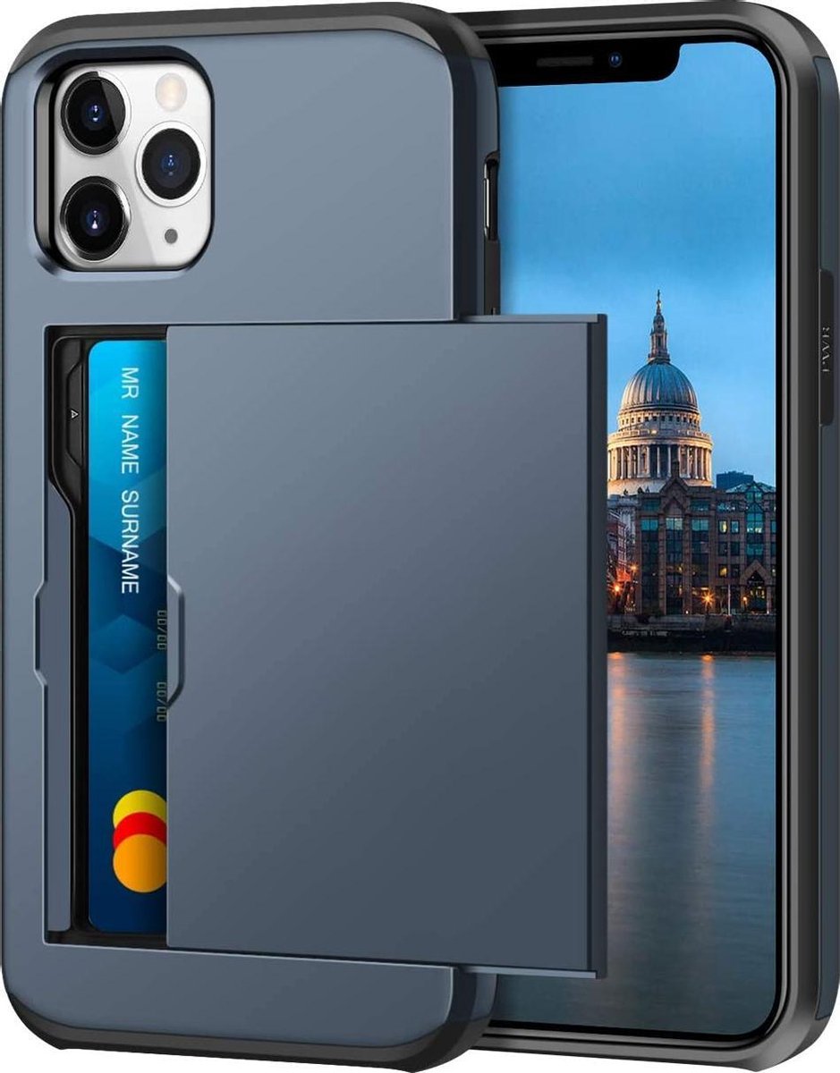 Pasjeshouder Hoesje Geschikt voor Apple iPhone 12 Pro – Shockproof Hardcase Backcover met Verborgen Kaartvak – Donkerblauw