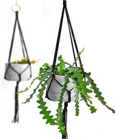 Trendy plantenhanger zwart touw met houten ring 80 cm | 100% katoen en handmade | Voor binnen en buiten | Planthouder, bloempothouder, hangplant