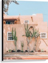 Canvas  - Groene Cactus tegen Roze Gebouw  - 75x100cm Foto op Canvas Schilderij (Wanddecoratie op Canvas)