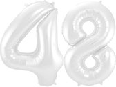 De Ballonnenkoning - Folieballon Cijfer 48 Wit Metallic Mat - 86 cm