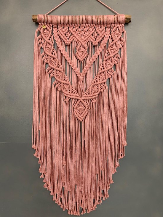 Muurdecoratie - macrame - macramé - oud roze -044 - handgemaakt - knopen - touw - wanddecoratie, wandkleed