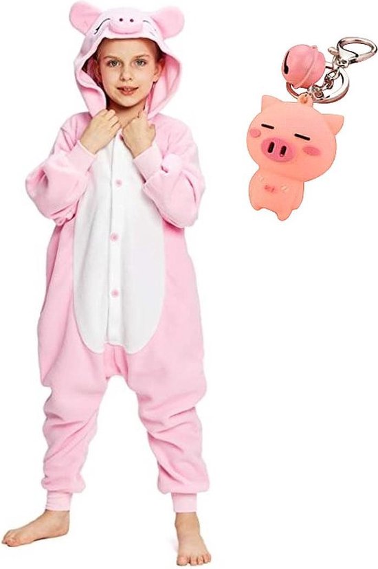 Onesie varken dierenpak kostuum jumpsuit pyjama kinderen - 140-146 (140) + tas/sleutelhanger verkleedkleding