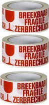 Breekbaar tape | FRAGILE Tape | wit met rood | 50mm x 66mtr. | 3 rollen | Verpakkingstape