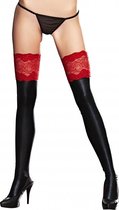 Wetlook and Lace Stockings - Black - Maat Queen Size - Lingerie For Her - black / red - Discreet verpakt en bezorgd