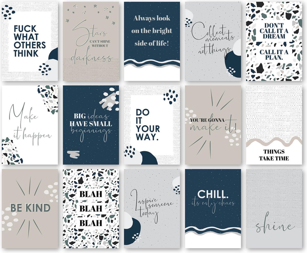 MOODZ design | Set kaarten 'Teksten en quotes' | A6 formaat | 15 stuks | wenskaart | ansichtkaart | set 2