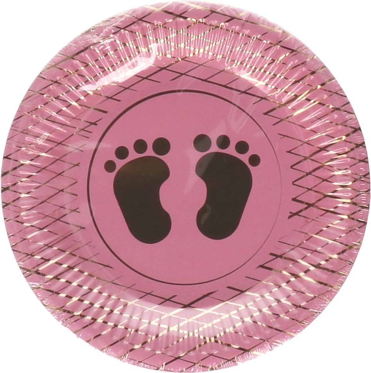 Kartonnen Bordjes roze met gouden voetjes klein geboorte meisje 23 cm 8 st - Wegwerp borden - Feest/verjaardag/BBQ borden -baby shower