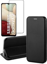 Hoesje geschikt voor Samsung Galaxy A12 - Screen Protector GlassGuard - Book Case Leer ThinShield Zwart & Screenprotector