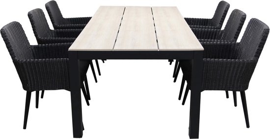7-delige tuinset | 6 Pisa stoelen (Black) 225cm Cyprus (Wood) | bol.com