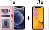 iPhone 12 hoesje bookcase roze rose wallet case portemonnee hoes cover hoesjes - 3x iPhone 12 screenprotector