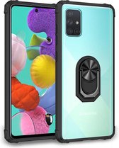 Samsung A51 Hoesje - Samsung Galaxy A51 hoesje Kickstand Ring shock proof case transparant zwarte randen armor magneet