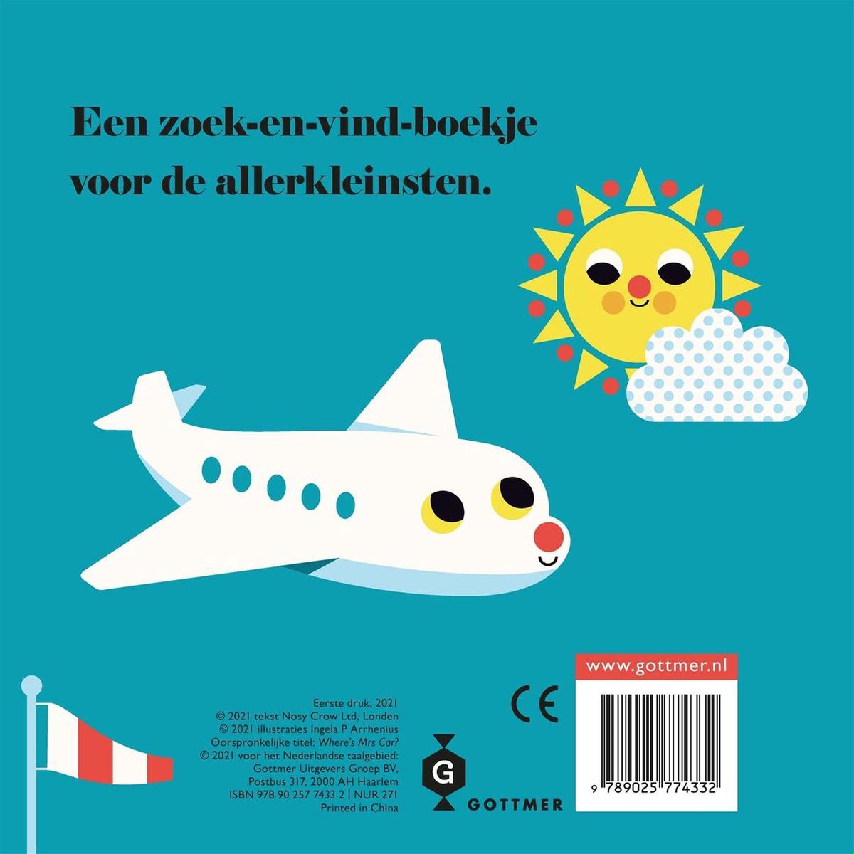 Wit vliegtuig met stippen en een lachende zon boven een wolk. Nederlandse titel.