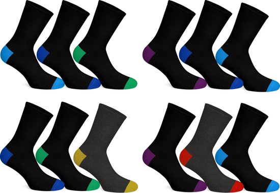 Lot de 12 paires de chaussettes noires pour hommes avec talon et orteils colorés Taille 39-45