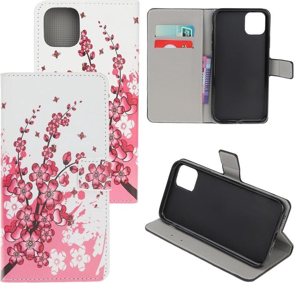 Leren bookcase iPhone 12 / iPhone 12 Pro - Roze bloemen