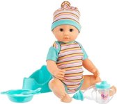 Baby Plaspop 43 cm lang De pop is inclusief een potje, bord, vork, lepel, flesje en beker. Geschikt voor kinderen vanaf 2 jaar.