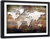 Foto in frame , Wereld op planken , 120x80cm , bruin beige , wanddecoratie