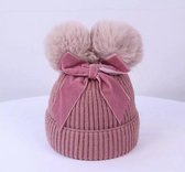 Roze Wintermuts - Baby / Kind / Kinder / Meisjes Wintermuts - Oud Roze - Twee Pompon - Dubbele Pompon - Geschikt van 6 maanden tot 12 jaar - Extra warm - Katoenen voering