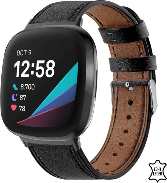 Q-DESYN Fitbit Versa 3 - Fitbit Sense bandje - Leer - Zwart