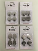 Zelfklevende ophanghaken: zilverkleurig metaal - set van 4 keer 4 stuks (diverse vormen)