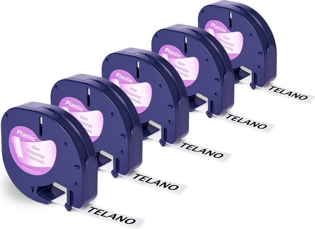 TELANO® Plastic Labels 12267 voor Dymo LetraTag Labelprinter - Zwart op Transparant - 12 mm x 4 m - S0721530 Labeltape - 5 stuks