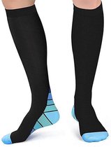 Compressiekousen voor hardlopen en reizen zwart met blauwe hak mannen en vrouwen maat S/M (36-41)