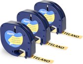 TELANO® 3 stuks Plastic Labels 91202 voor Dymo LetraTag Labelprinter - Zwart op Geel - 12 mm x 4 m – S0721620 Labeltape