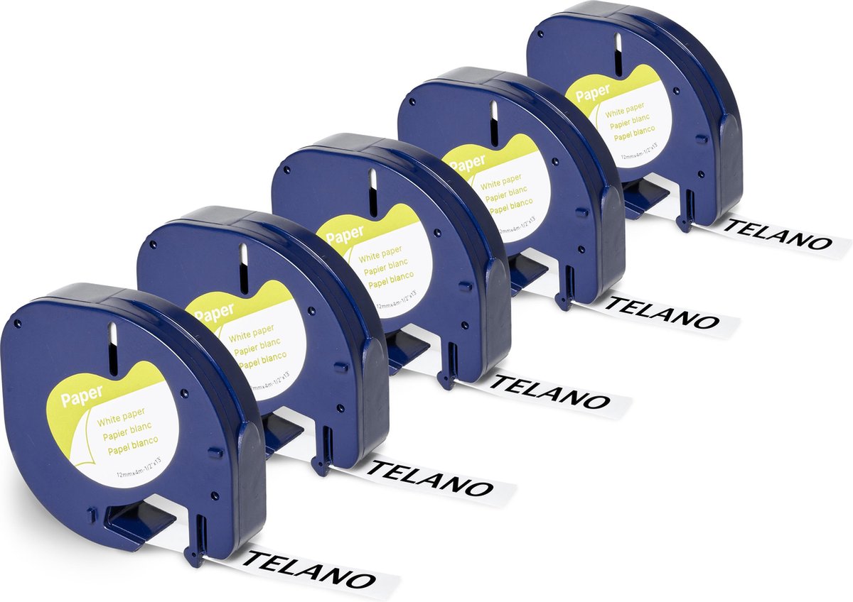 5x Telano Papieren Labels Zwart op Wit voor Dymo LetraTag 91200 en LT-100H - 12 mm x 4 m