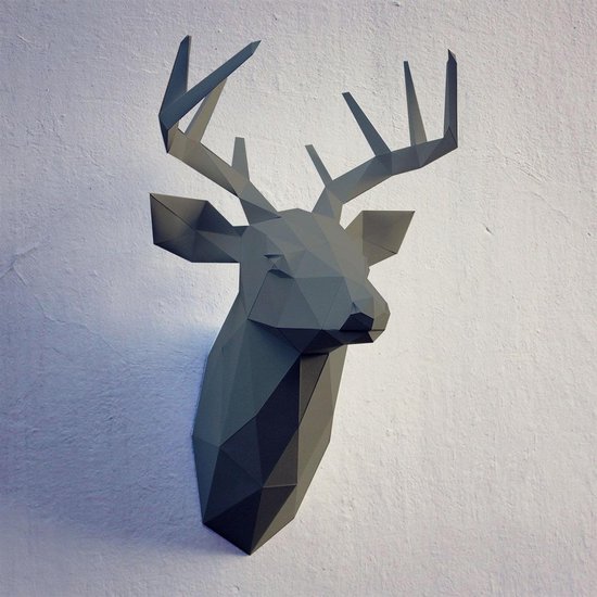 Foto: 3d papercraft kit deer head compleet knutselpakket hertenkop met snijmat liniaal vouwbeen mesje 50 cm grijs