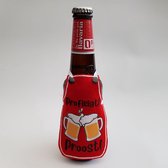 Rood schortje voor bierfles met "Proficiat! Proost!" - biertje, cadeautje, pilsje, verjaardag, huwelijk, gefeliciteerd