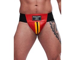 Mister B leren circuit jockstrap rood met gele bies - xs
